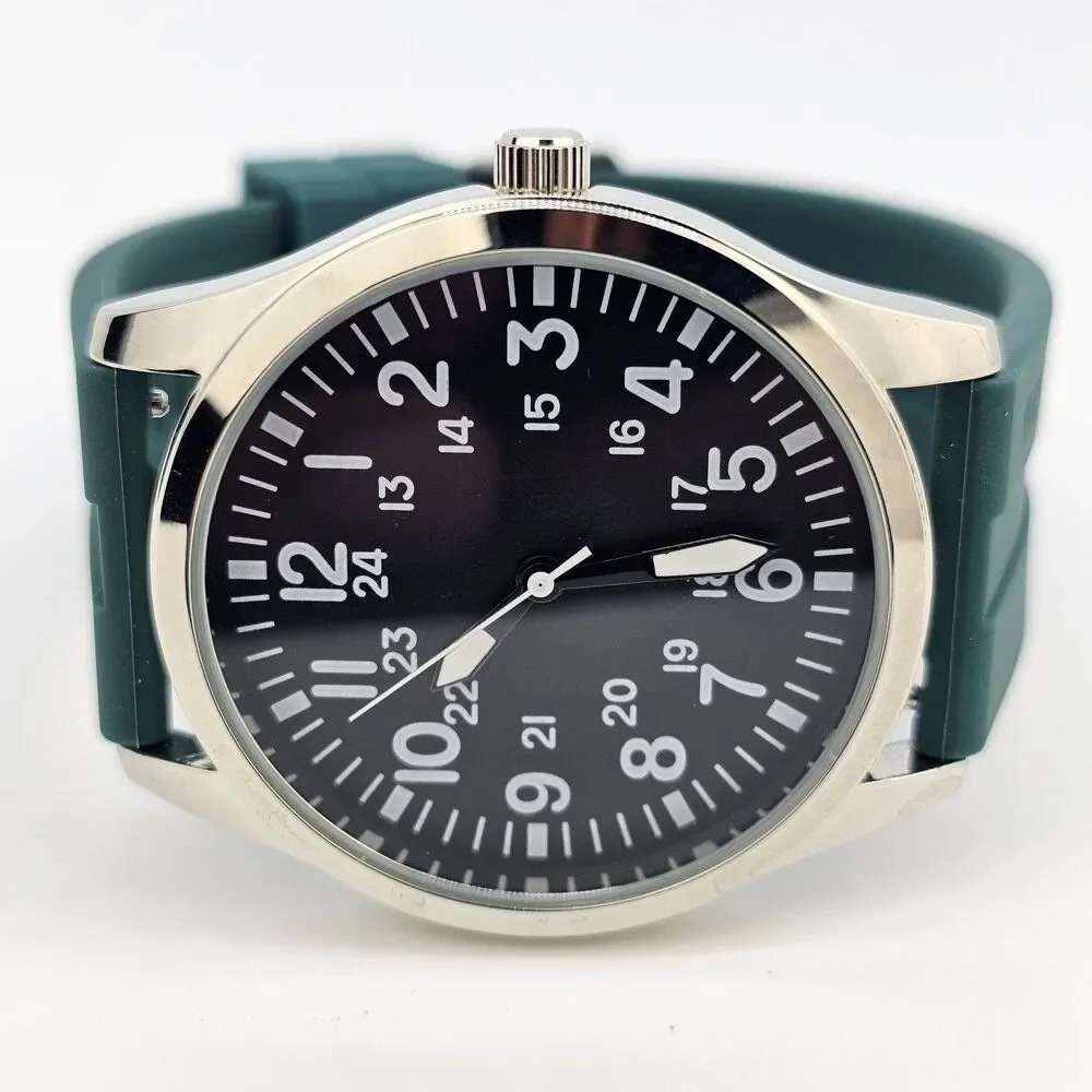 Men's Field Watch 42MM Gray Case Black Dial Dark‎ Green Plastic Band Straps